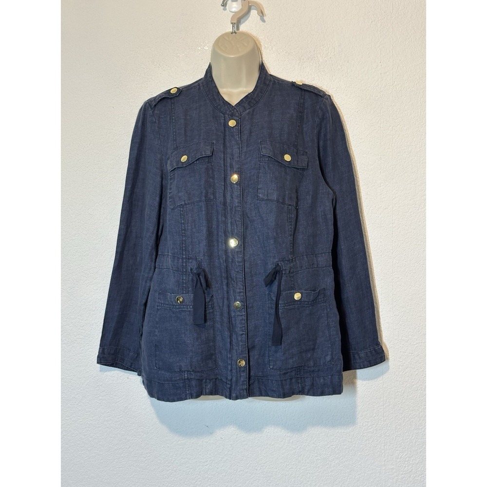 Women NavyBlue 100% Linen‎ Unique Jacket Pockets Military Travel Size M/8P